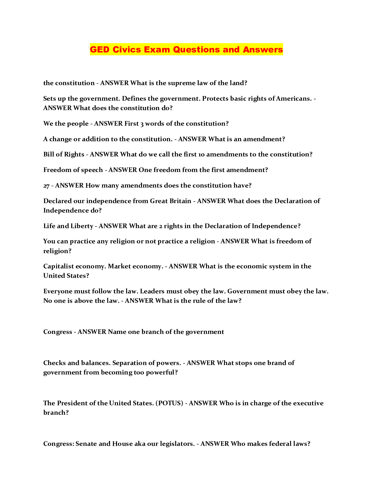 Preview image for GED Civics Exam Questions and Answers